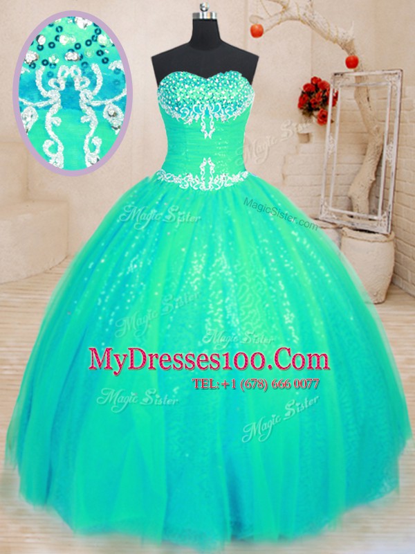 Sleeveless Tulle and Sequined Floor Length Lace Up 15th Birthday Dress in Turquoise with Beading and Appliques