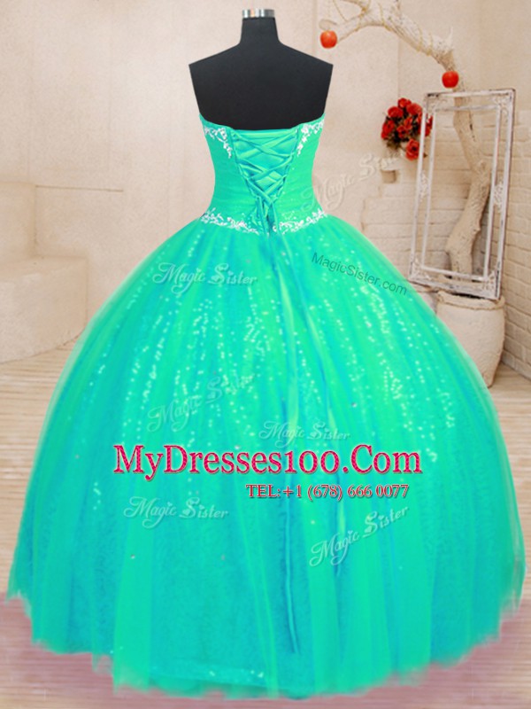 Sleeveless Tulle and Sequined Floor Length Lace Up 15th Birthday Dress in Turquoise with Beading and Appliques