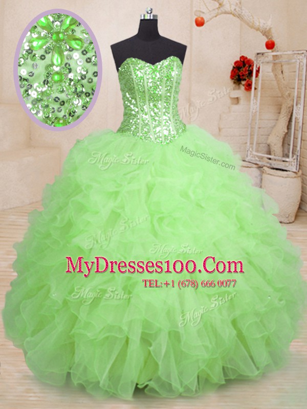 Floor Length Quince Ball Gowns Organza Sleeveless Beading and Ruffles