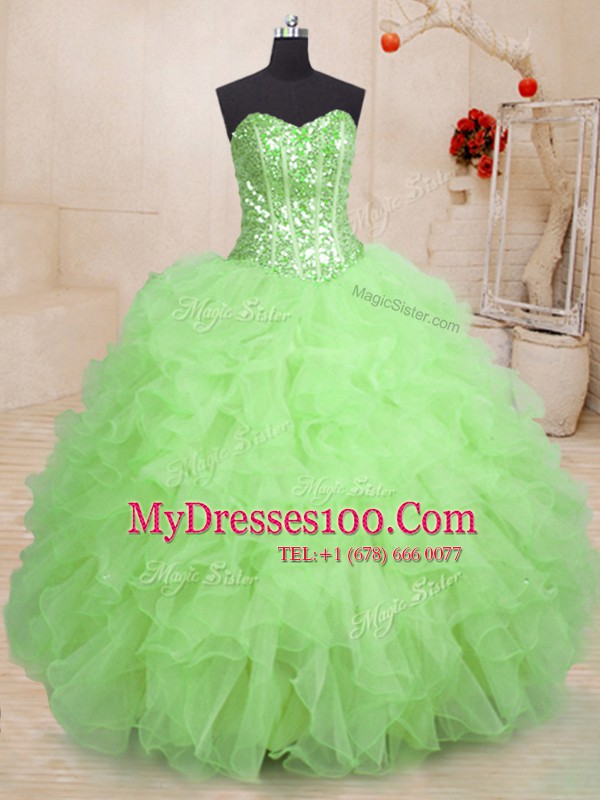 Floor Length Quince Ball Gowns Organza Sleeveless Beading and Ruffles