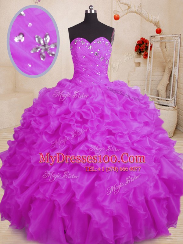 Spectacular Purple Lace Up Sweetheart Beading and Ruffles Quinceanera Gowns Organza Sleeveless