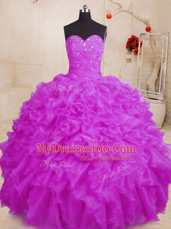 Spectacular Purple Lace Up Sweetheart Beading and Ruffles Quinceanera Gowns Organza Sleeveless