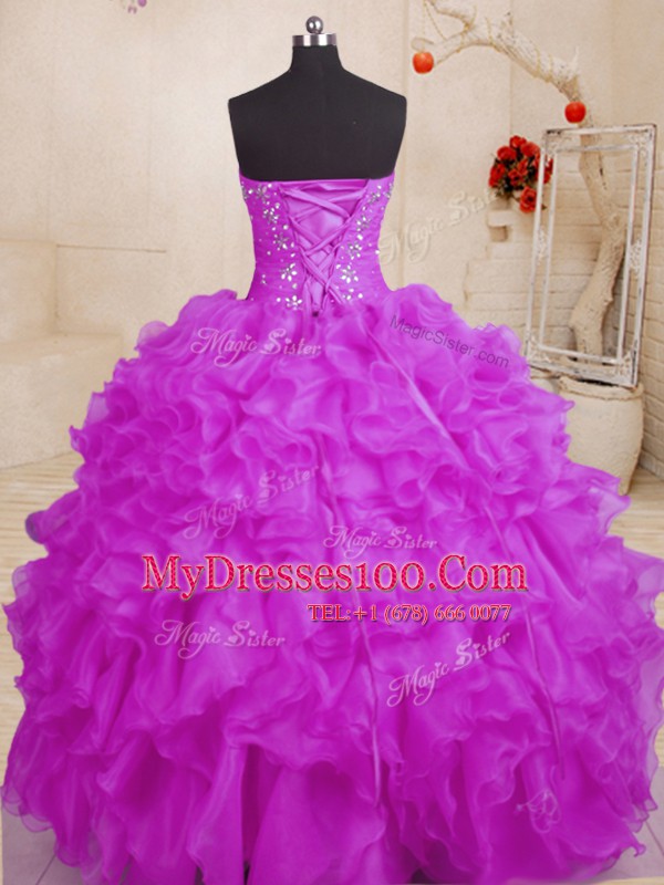 Spectacular Purple Lace Up Sweetheart Beading and Ruffles Quinceanera Gowns Organza Sleeveless