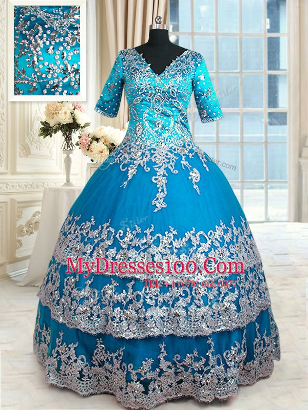 Fitting Teal Zipper V-neck Beading and Lace and Appliques and Ruffled Layers Quince Ball Gowns Tulle Half Sleeves