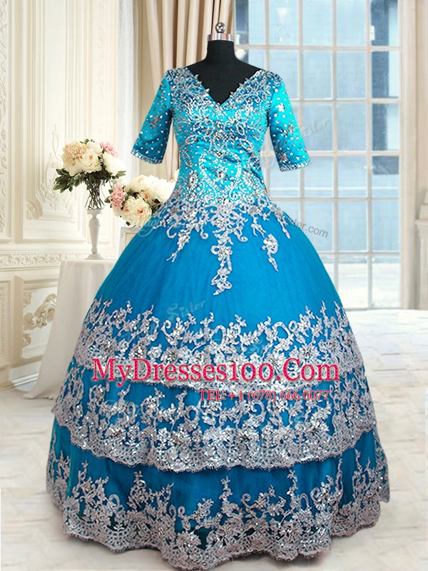 Fitting Teal Zipper V-neck Beading and Lace and Appliques and Ruffled Layers Quince Ball Gowns Tulle Half Sleeves