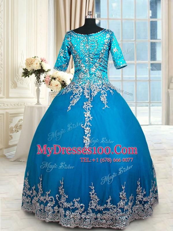 Fitting Teal Zipper V-neck Beading and Lace and Appliques and Ruffled Layers Quince Ball Gowns Tulle Half Sleeves
