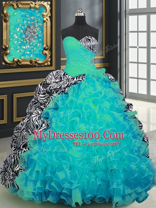 Aqua Blue Organza and Printed Lace Up Quince Ball Gowns Sleeveless With Brush Train Beading and Ruffles and Pattern