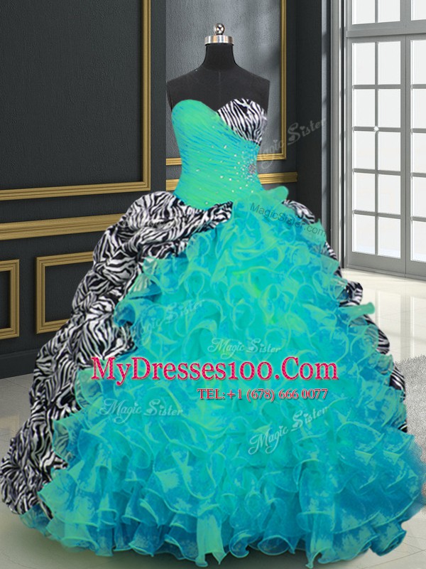 Aqua Blue Organza and Printed Lace Up Quince Ball Gowns Sleeveless With Brush Train Beading and Ruffles and Pattern