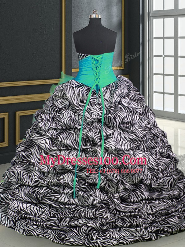 Aqua Blue Organza and Printed Lace Up Quince Ball Gowns Sleeveless With Brush Train Beading and Ruffles and Pattern