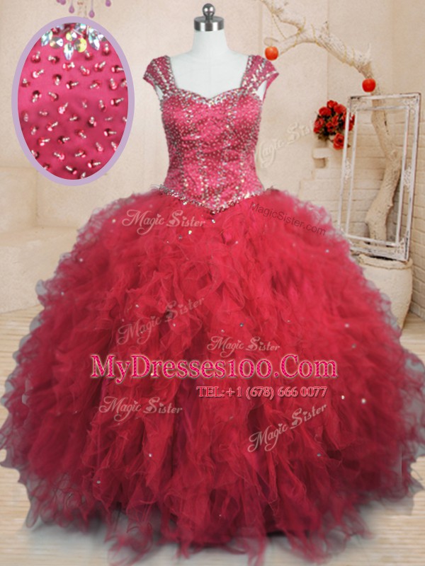 Pretty Beading and Ruffles Sweet 16 Quinceanera Dress Red Lace Up Cap Sleeves Floor Length