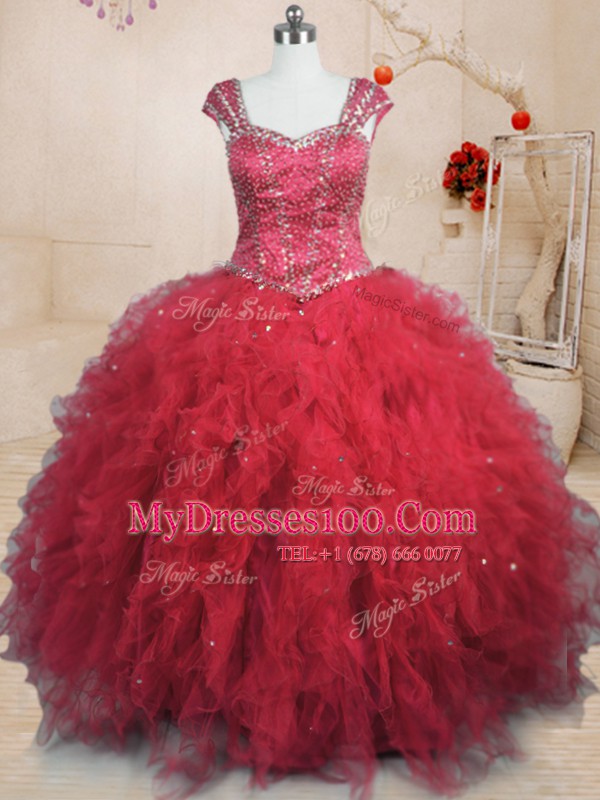 Pretty Beading and Ruffles Sweet 16 Quinceanera Dress Red Lace Up Cap Sleeves Floor Length