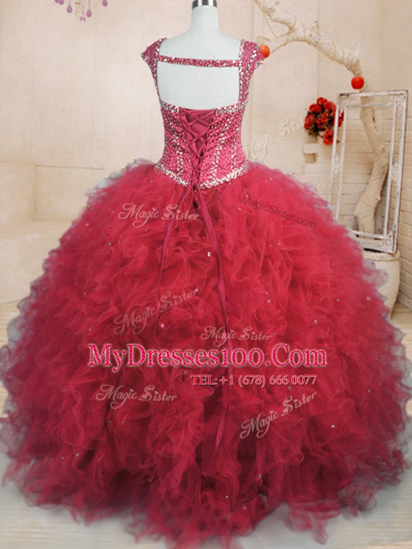 Pretty Beading and Ruffles Sweet 16 Quinceanera Dress Red Lace Up Cap Sleeves Floor Length