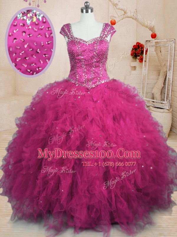 Sophisticated Floor Length Ball Gowns Cap Sleeves Fuchsia 15th Birthday Dress Lace Up