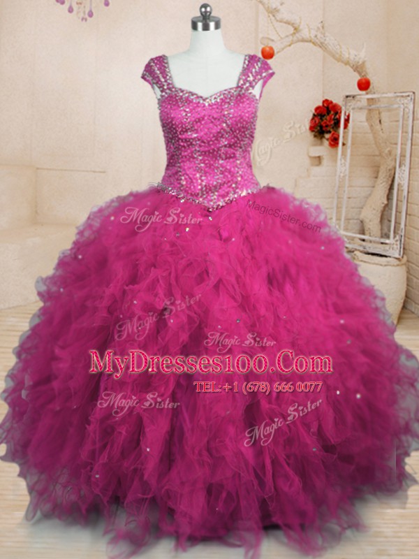 Sophisticated Floor Length Ball Gowns Cap Sleeves Fuchsia 15th Birthday Dress Lace Up
