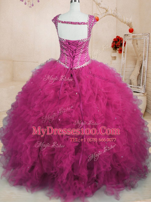 Sophisticated Floor Length Ball Gowns Cap Sleeves Fuchsia 15th Birthday Dress Lace Up