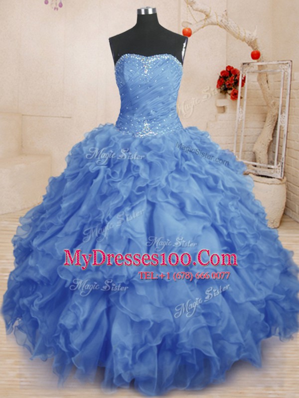 Gorgeous Strapless Sleeveless Lace Up Quinceanera Dress Blue Organza