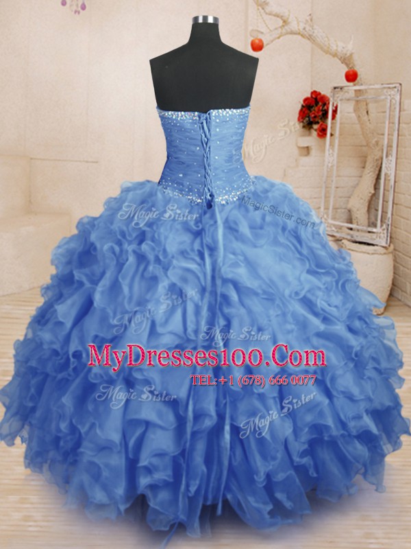 Gorgeous Strapless Sleeveless Lace Up Quinceanera Dress Blue Organza