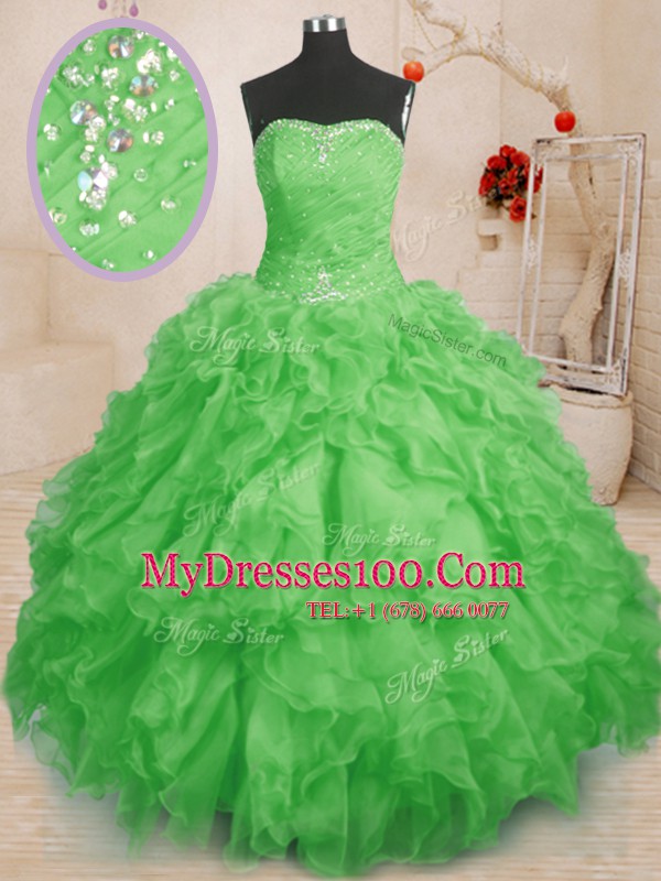 Flirting Strapless Sleeveless Quinceanera Dresses Floor Length Beading and Ruffles and Ruching Organza