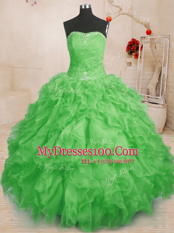 Flirting Strapless Sleeveless Quinceanera Dresses Floor Length Beading and Ruffles and Ruching Organza