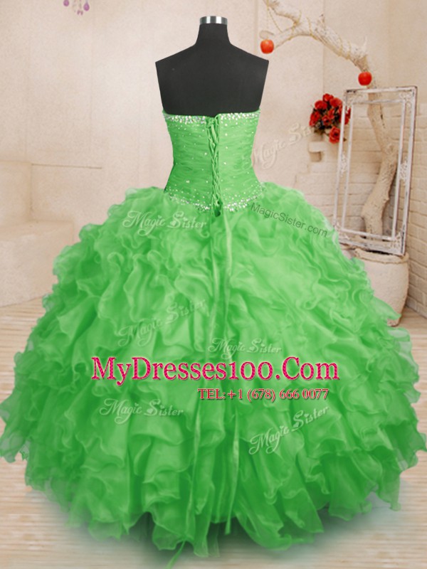 Flirting Strapless Sleeveless Quinceanera Dresses Floor Length Beading and Ruffles and Ruching Organza