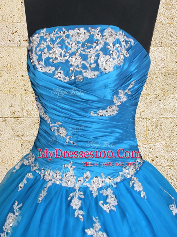 Gorgeous Blue Ball Gowns Strapless Sleeveless Tulle Floor Length Lace Up Appliques and Ruching Sweet 16 Dress