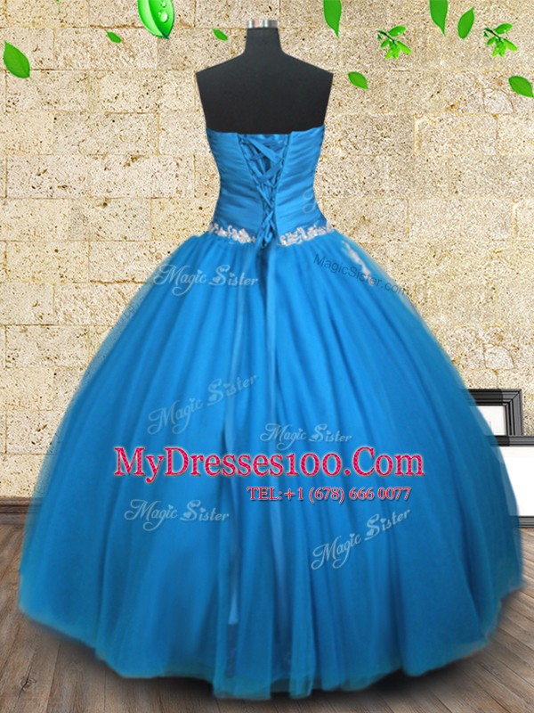 Gorgeous Blue Ball Gowns Strapless Sleeveless Tulle Floor Length Lace Up Appliques and Ruching Sweet 16 Dress
