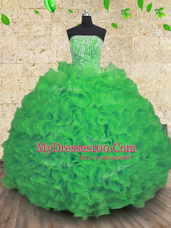 Decent Green Organza Lace Up Ball Gown Prom Dress Sleeveless Floor Length Beading and Ruffles