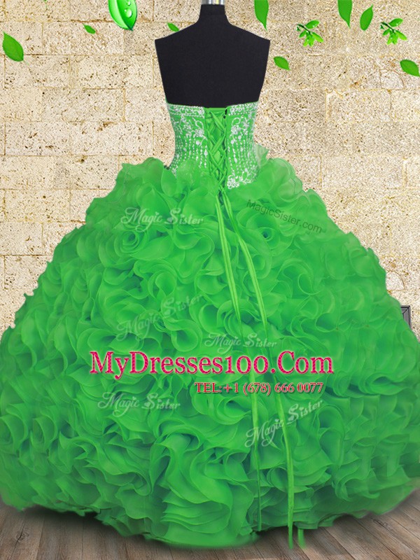 Decent Green Organza Lace Up Ball Gown Prom Dress Sleeveless Floor Length Beading and Ruffles