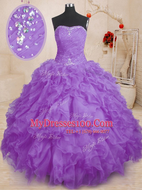Beautiful Lavender Lace Up Strapless Beading and Ruffles and Ruching 15 Quinceanera Dress Organza Sleeveless