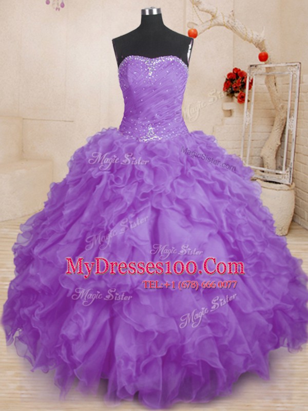 Beautiful Lavender Lace Up Strapless Beading and Ruffles and Ruching 15 Quinceanera Dress Organza Sleeveless