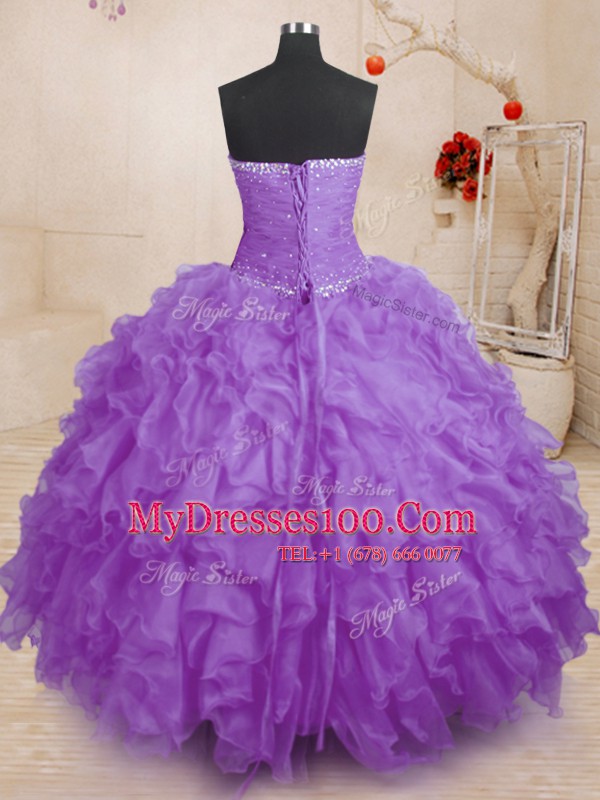 Beautiful Lavender Lace Up Strapless Beading and Ruffles and Ruching 15 Quinceanera Dress Organza Sleeveless