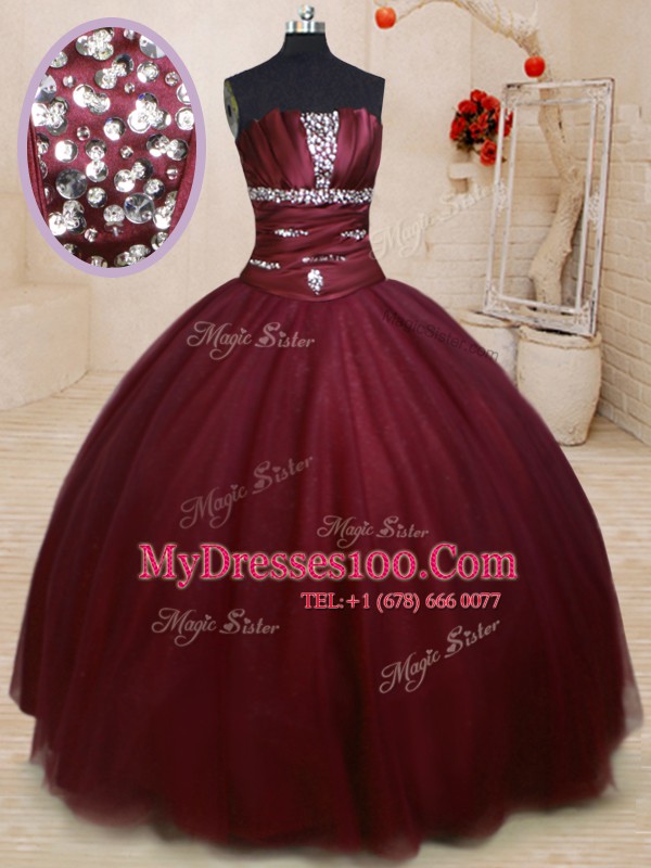 Exquisite Burgundy Sleeveless Tulle Lace Up 15th Birthday Dress for Military Ball and Sweet 16 and Quinceanera