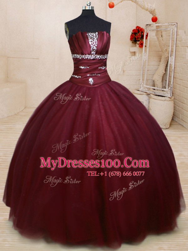 Exquisite Burgundy Sleeveless Tulle Lace Up 15th Birthday Dress for Military Ball and Sweet 16 and Quinceanera