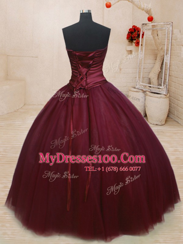 Exquisite Burgundy Sleeveless Tulle Lace Up 15th Birthday Dress for Military Ball and Sweet 16 and Quinceanera