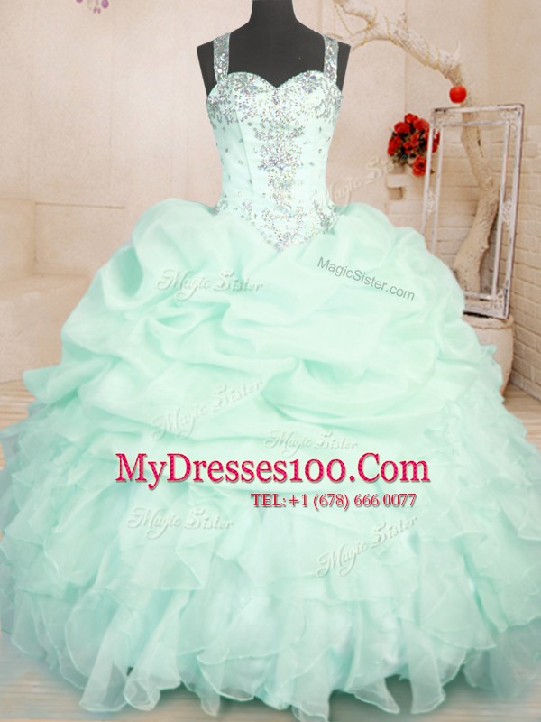 Sumptuous Organza Straps Sleeveless Zipper Beading and Ruffles and Pick Ups Quinceanera Dress in Apple Green