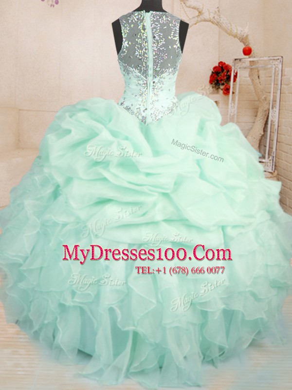 Sumptuous Organza Straps Sleeveless Zipper Beading and Ruffles and Pick Ups Quinceanera Dress in Apple Green