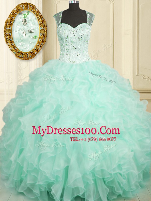 Floor Length Aqua Blue Quinceanera Gowns Straps Sleeveless Zipper