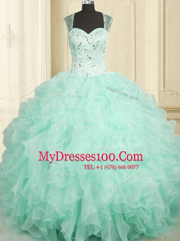 Floor Length Aqua Blue Quinceanera Gowns Straps Sleeveless Zipper