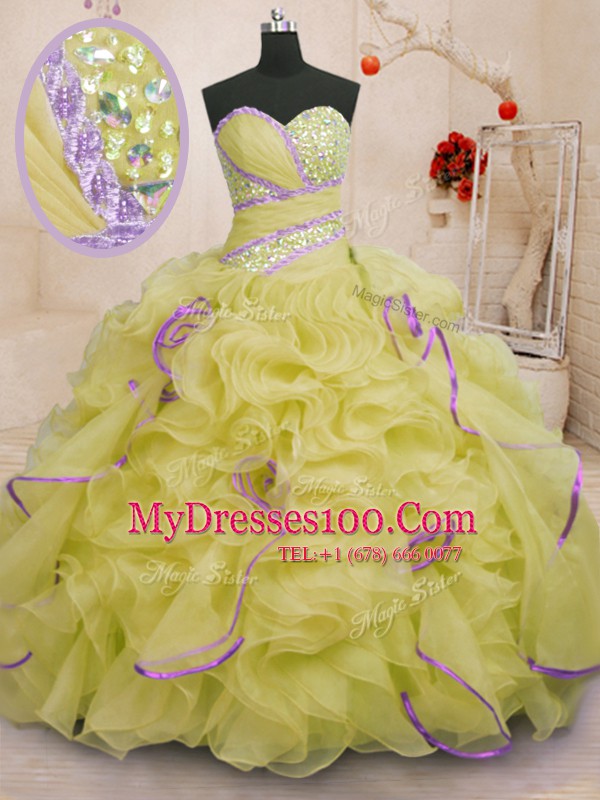 High Class With Train Ball Gowns Sleeveless Yellow Quinceanera Dress Brush Train Lace Up
