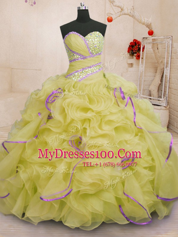 High Class With Train Ball Gowns Sleeveless Yellow Quinceanera Dress Brush Train Lace Up