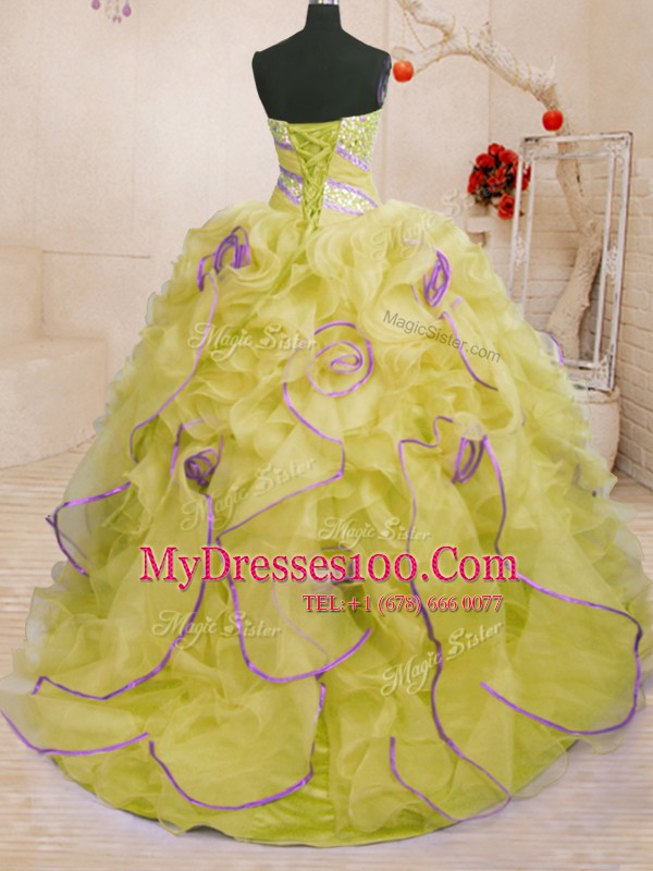 High Class With Train Ball Gowns Sleeveless Yellow Quinceanera Dress Brush Train Lace Up