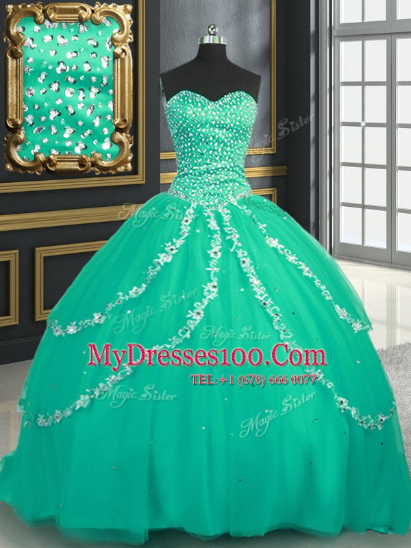 Custom Made Beading and Appliques 15th Birthday Dress Turquoise Lace Up Sleeveless With Brush Train