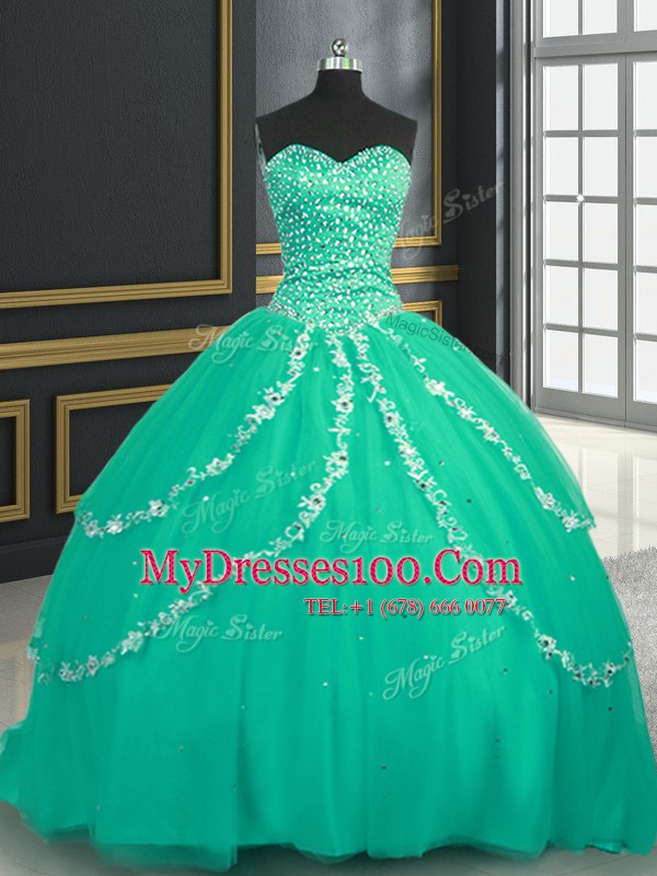 Custom Made Beading and Appliques 15th Birthday Dress Turquoise Lace Up Sleeveless With Brush Train