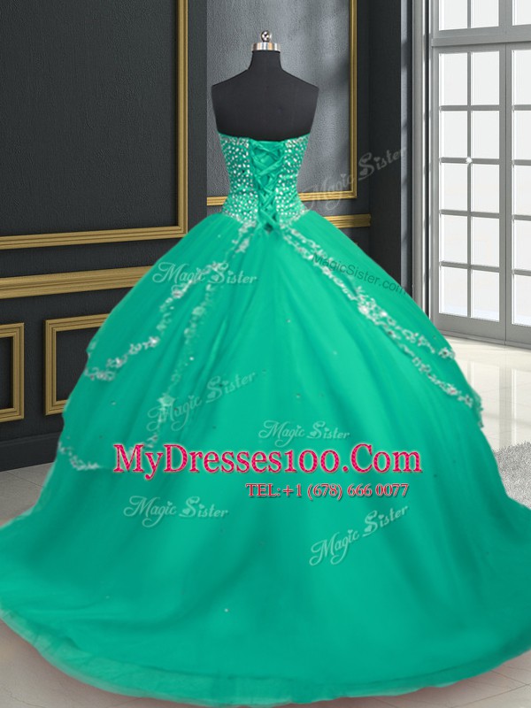 Custom Made Beading and Appliques 15th Birthday Dress Turquoise Lace Up Sleeveless With Brush Train