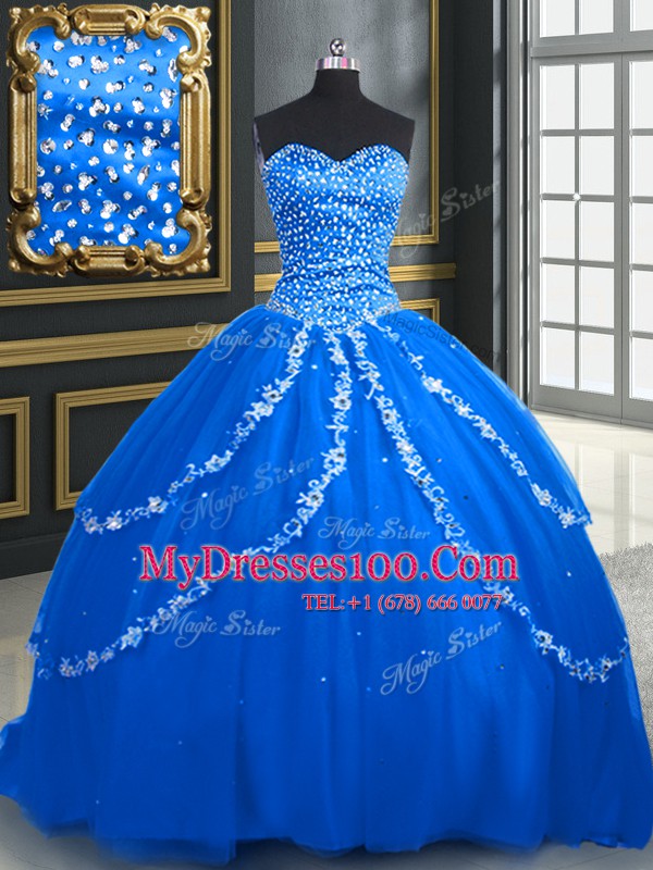 Blue Sweet 16 Dresses Military Ball and Sweet 16 and Quinceanera and For with Beading and Appliques Sweetheart Sleeveless Brush Train Lace Up