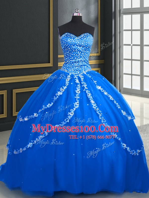 Blue Sweet 16 Dresses Military Ball and Sweet 16 and Quinceanera and For with Beading and Appliques Sweetheart Sleeveless Brush Train Lace Up