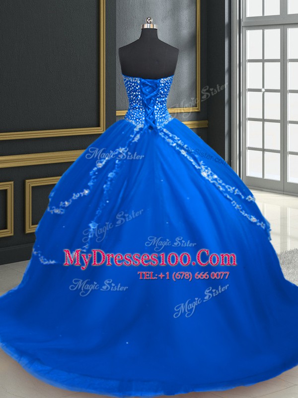 Blue Sweet 16 Dresses Military Ball and Sweet 16 and Quinceanera and For with Beading and Appliques Sweetheart Sleeveless Brush Train Lace Up