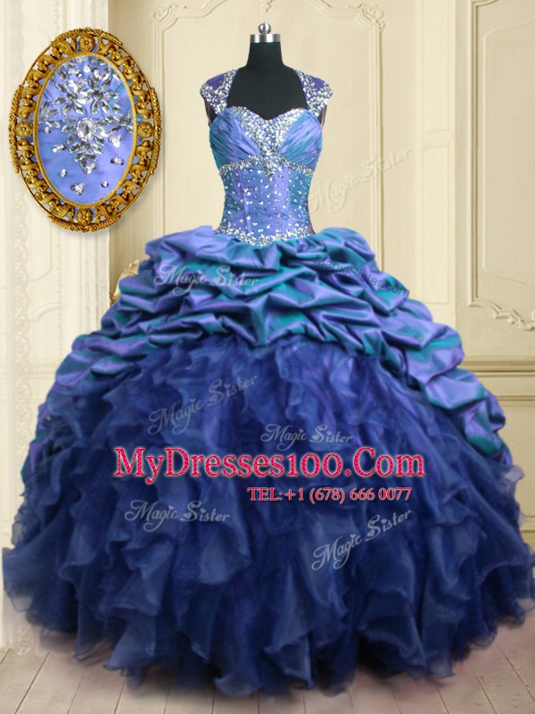 Sexy Organza and Taffeta Cap Sleeves With Train Quince Ball Gowns Brush Train and Beading and Ruffles and Pick Ups