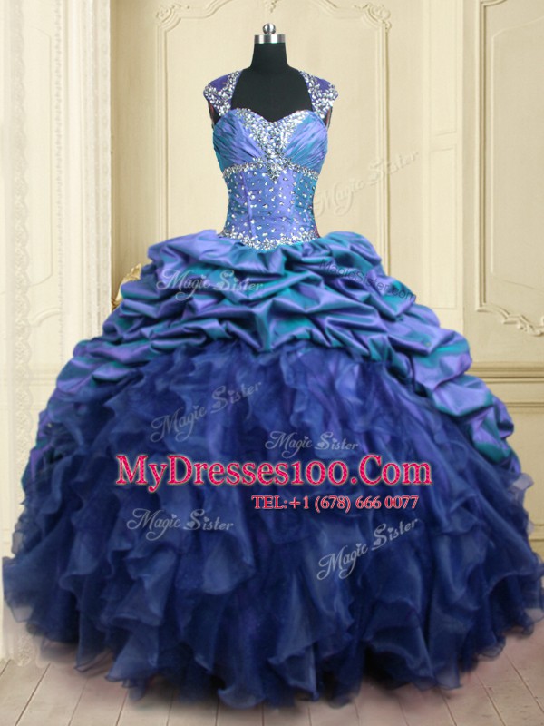 Sexy Organza and Taffeta Cap Sleeves With Train Quince Ball Gowns Brush Train and Beading and Ruffles and Pick Ups