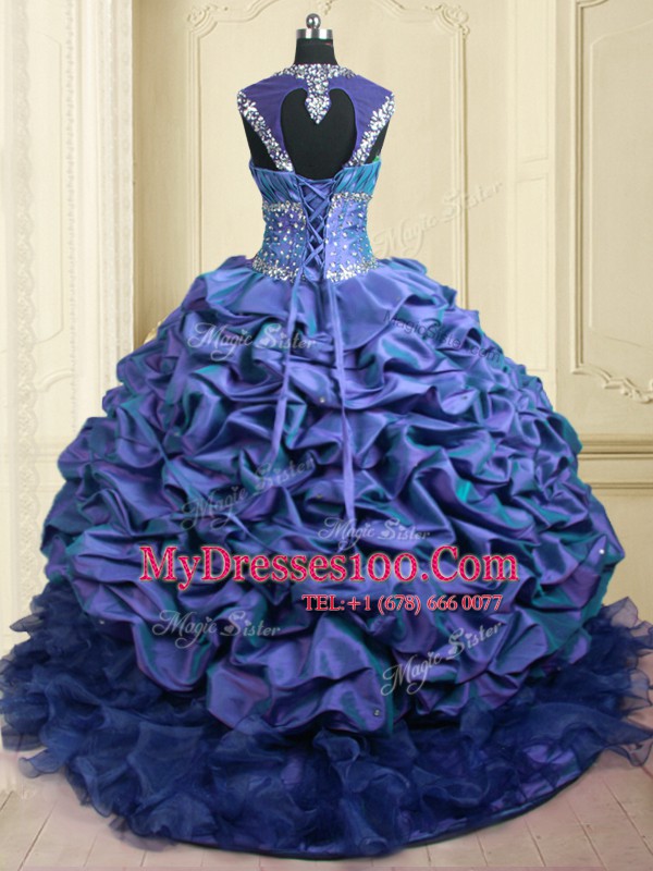 Sexy Organza and Taffeta Cap Sleeves With Train Quince Ball Gowns Brush Train and Beading and Ruffles and Pick Ups